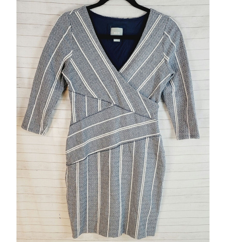 ANTHROPOLOGIE MAEVE Wrapped Stripe Column Dress in Blue Motif, sz Small Petite